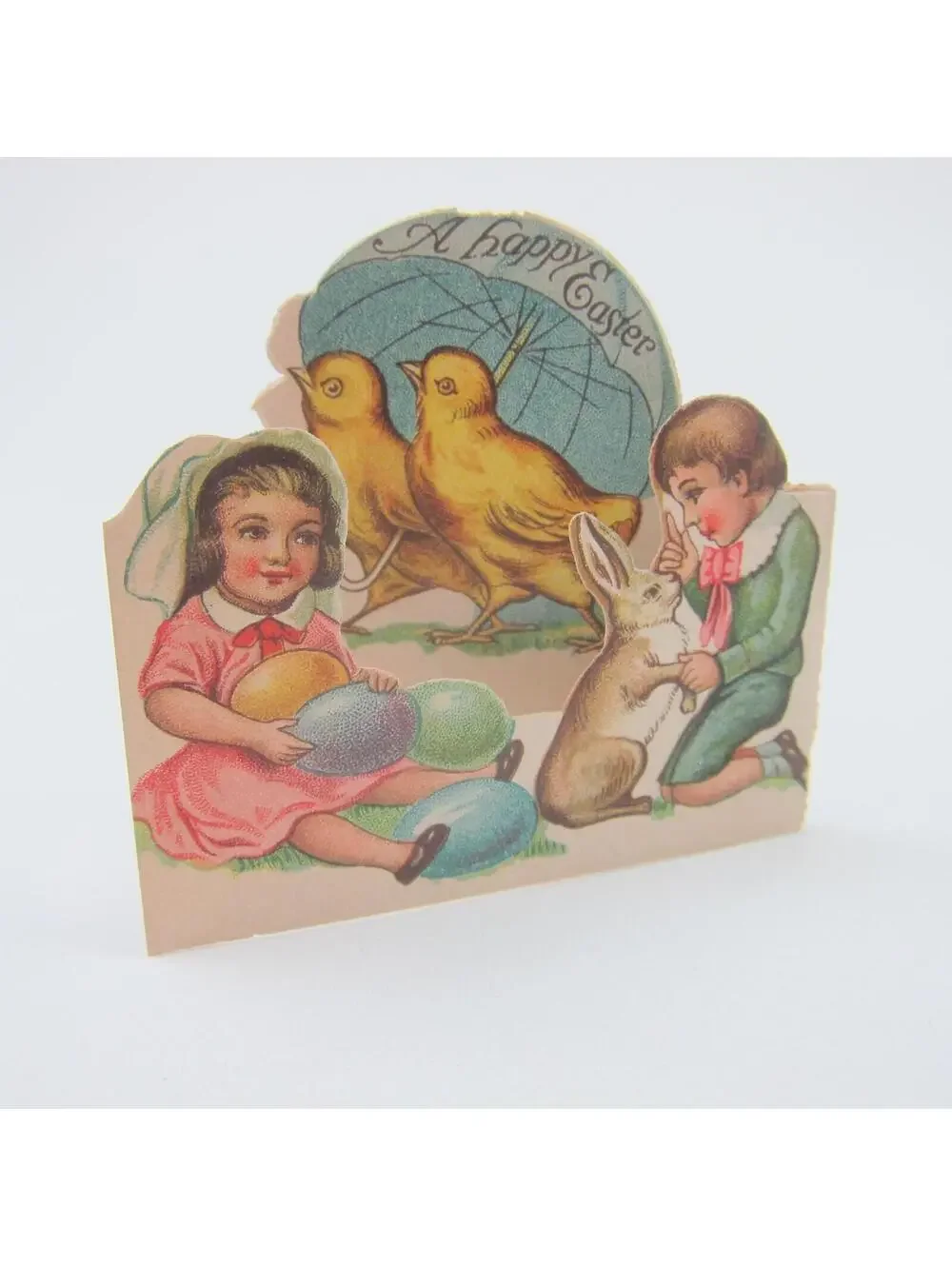 Antique Easter Greeting Card Girl Pink Dress Boy Blue Sailor Suit Chicks Eggs